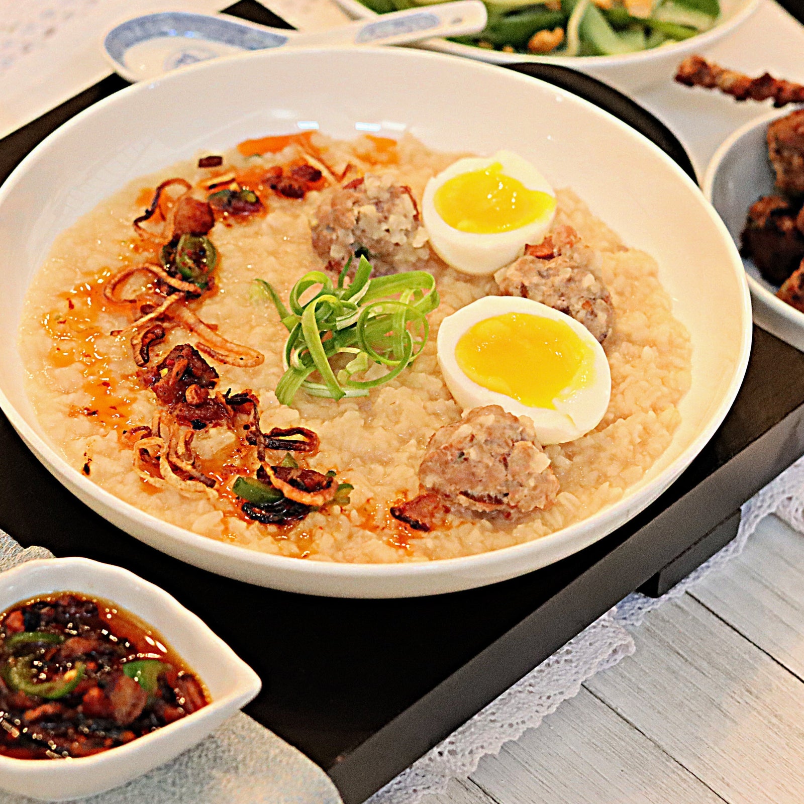 Tender Belly Bacon Meatball Congee with Bacon Chili Crisp