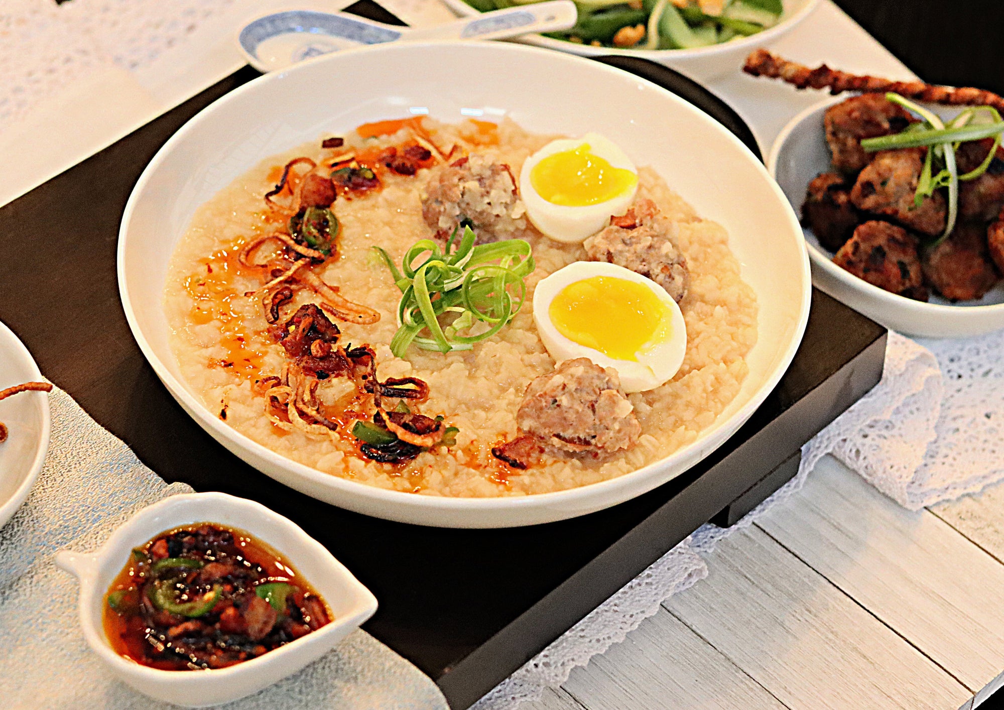 Tender Belly Bacon Meatball Congee with Bacon Chili Crisp