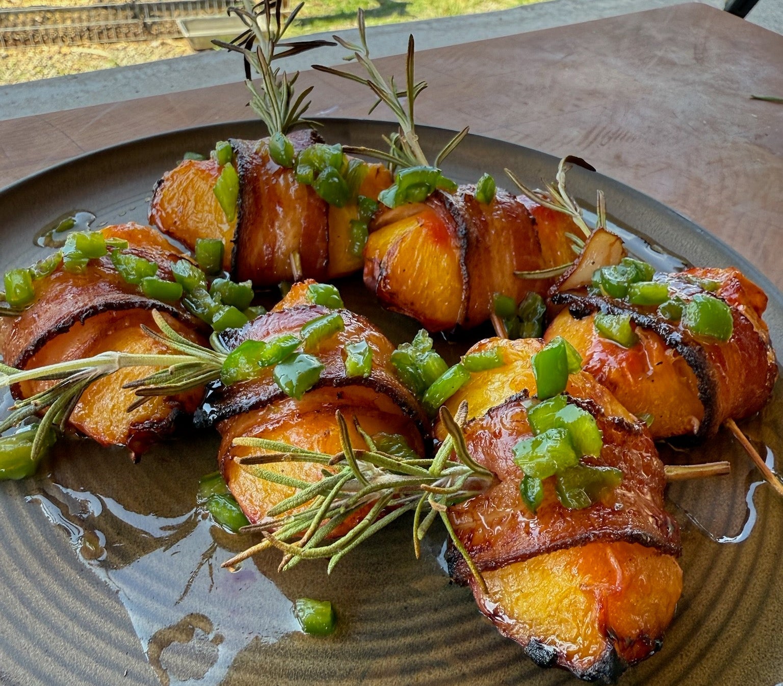 Grilled Peaches with Tender Belly Bacon and Jalapeño Honey Drizzle