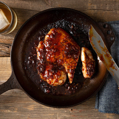 Tender Belly Bacon Jam as a Glaze on Seared Pork Cutlets